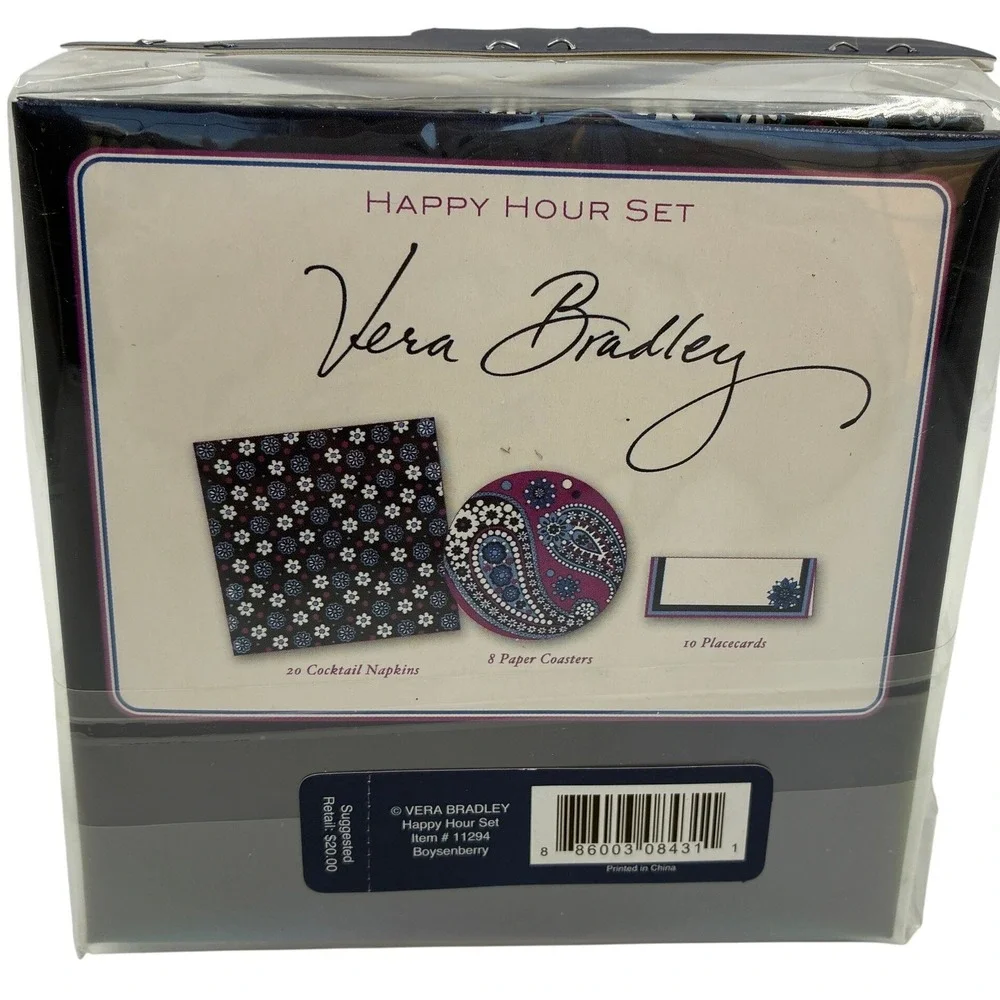 Vera Bradley Happy Hour Set Boysenberry Paisley Napkins Coasters Placecards